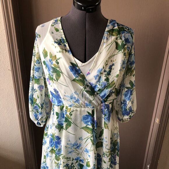 Calvin Klein Dresses & Skirts - Floral Blue & Green Surplice Midi Dress